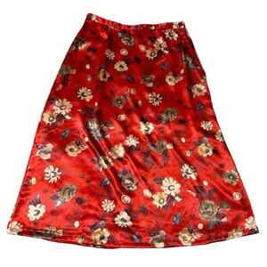 VTG Y2K SB Collection Red Silkey Floral Midi Maxi Skirt XL Boho Maximalist